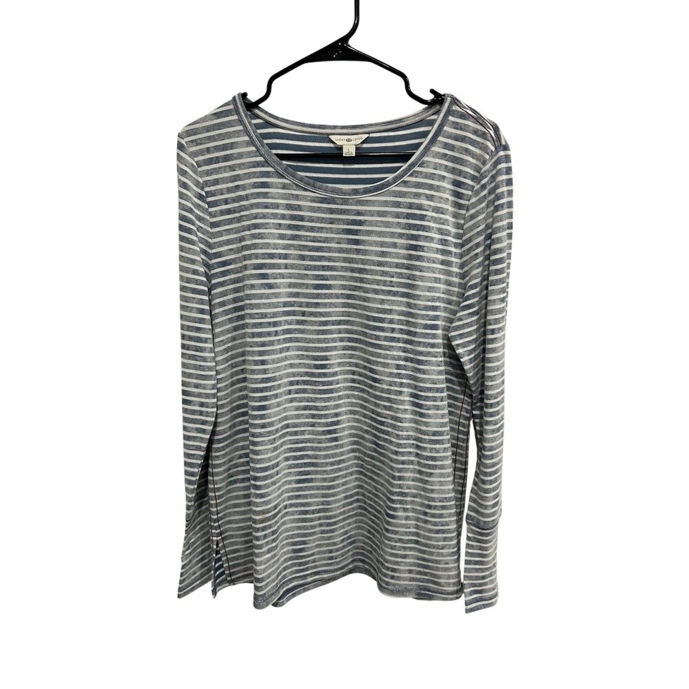 Lucky Lotus Blue White Striped Long Cuff Sleeve Top Size L Preppy Minimalist
